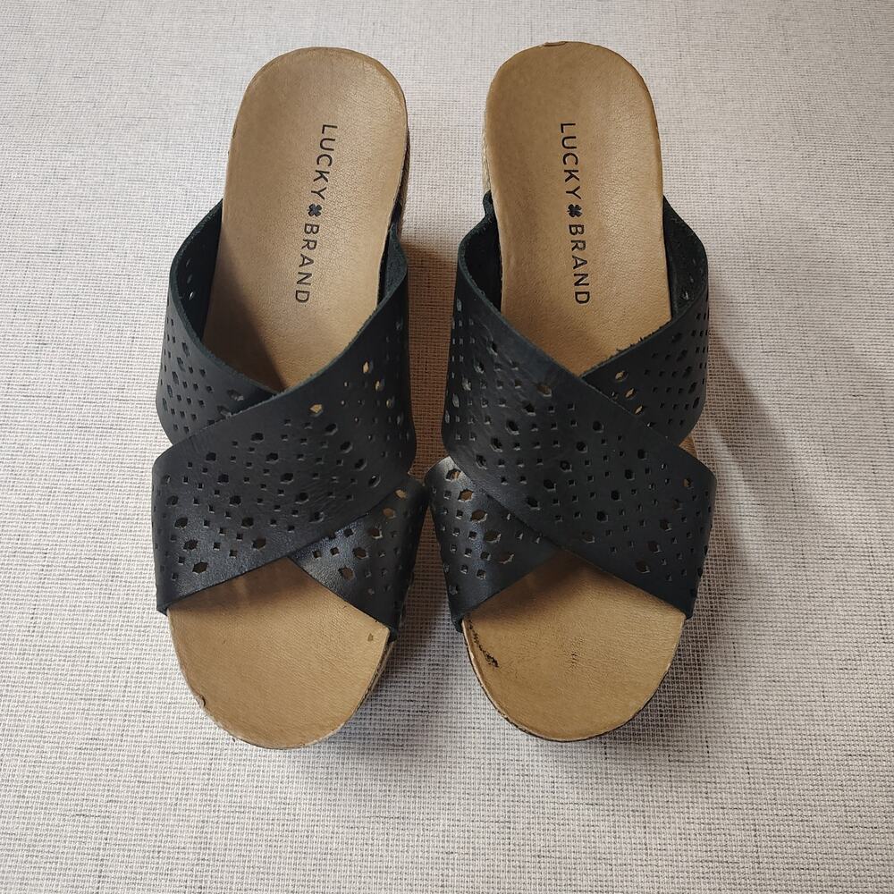 Lucky Brand Jemya Black Leather Espadrille Wedge Sandals 6